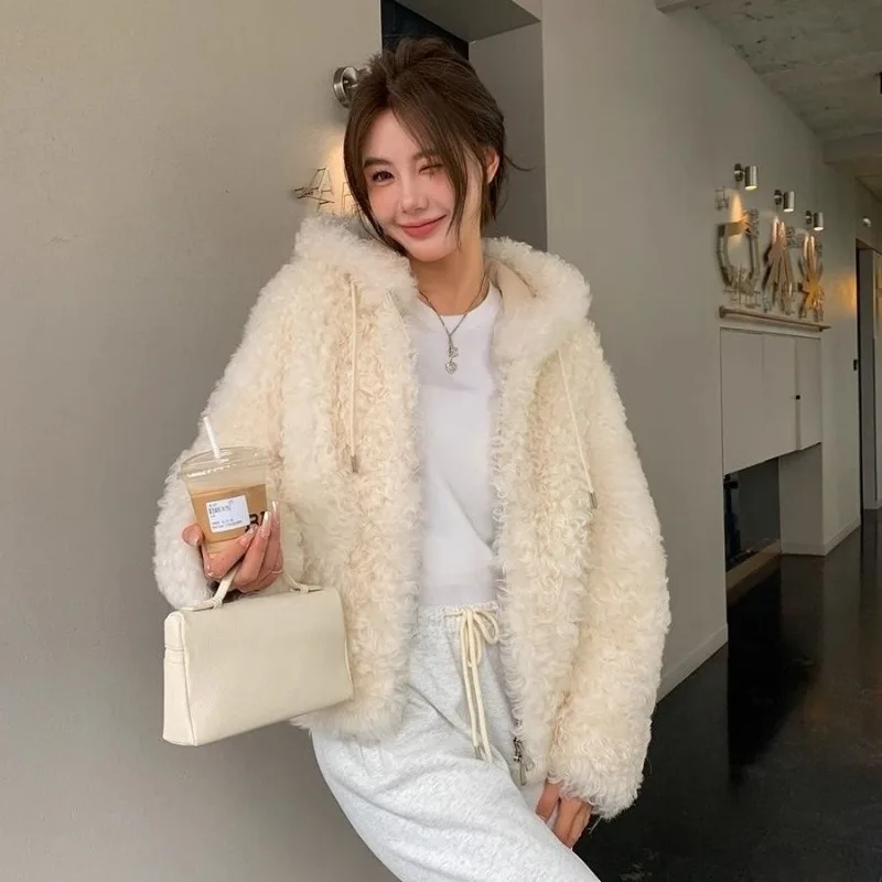 Imitation Wool Coat New Style Spring and Autumn Cardigan Zipper Granular Fleece Short Style Thickening Type Female Cute Warm