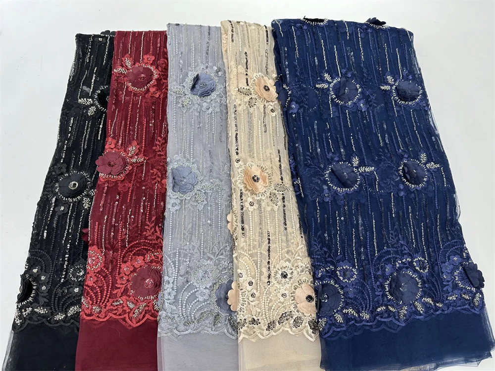 French Lace 3D Flower applique African Lace Fabric Embroidery Nigerian Groom Tulle Lace Fabrics Latest 5 Yards Dresses Sewing