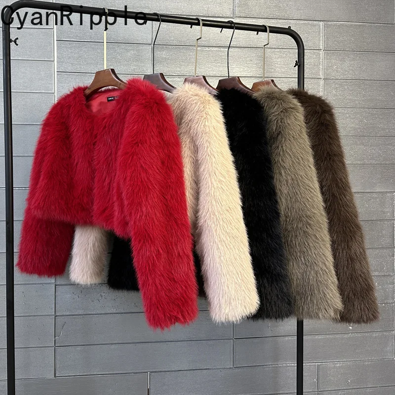 Faux Fur Female Overcoat New Autumn Winter Round Neck Loose Cardigans Coat Elegant Solid Color Long Sleeve Women Fake Fur Jacket