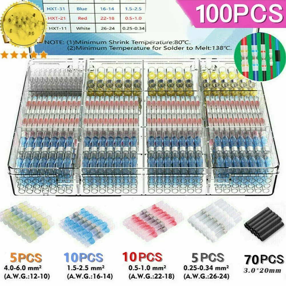 100pcs Connectors No Crimping Required Seal Sleeve Wire Solder Waterproof Butt Terminals Greater Pul Heat Shrink