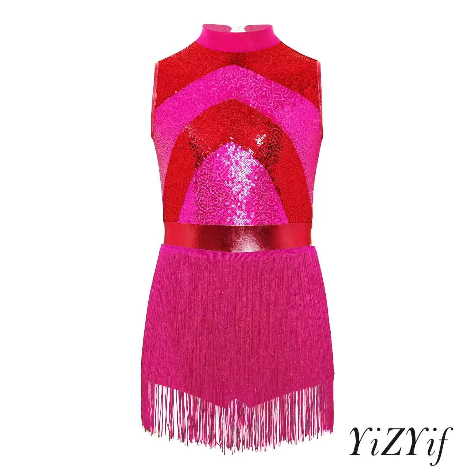 

Kids Girls Glittering Jazz Competition Costume Color Block Sequin Dress with Detachable Tassels for Jazz Latin Dance Performance