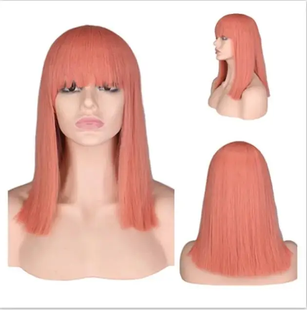 Wig Cosplay lurus pendek untuk kostum pesta Wig rambut sintetis serat temperatur tinggi merah pirang biru hijau merah muda