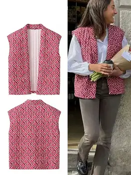 Dammode Tryckt Väst Quilted Ärmlös Lös Öppen Söm Kofta Kappa Kvinnlig Chic Casual Gatu Kvinna Väst Topp 10 best sales Floral vest - №6