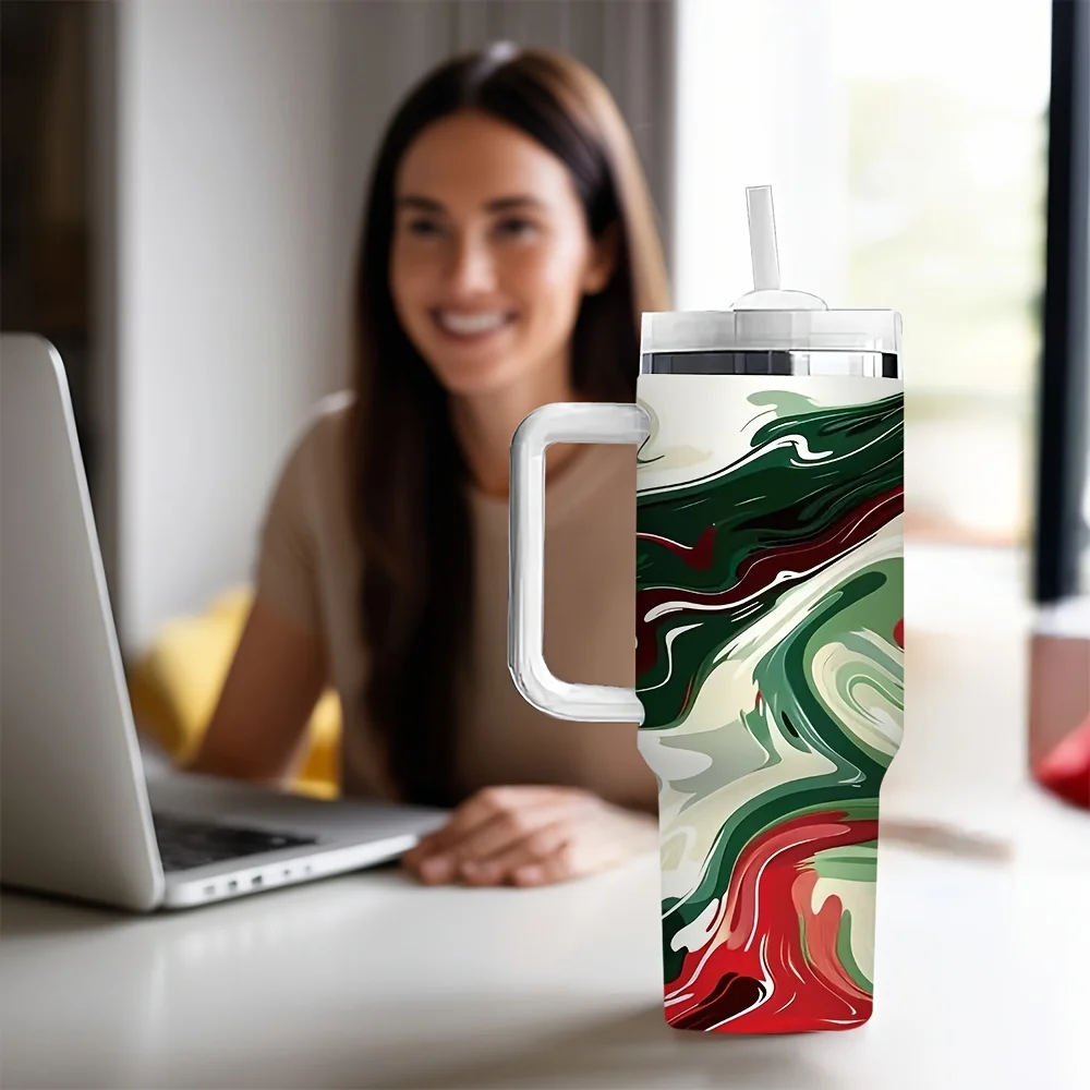 Trendy Red Green Abstract Swirl Marble Pattern Insulated Tumbler with Handle And Reusable Straw for Daily Outdoor And Indoor Use