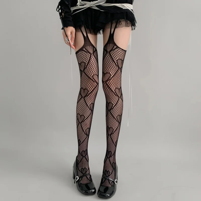 Early Spring New Products Hot Girl Sweet Cool Fake Thigh Suspenders Fishnet Stockings Thin Stockings Red Brown Love Mesh Pantyho