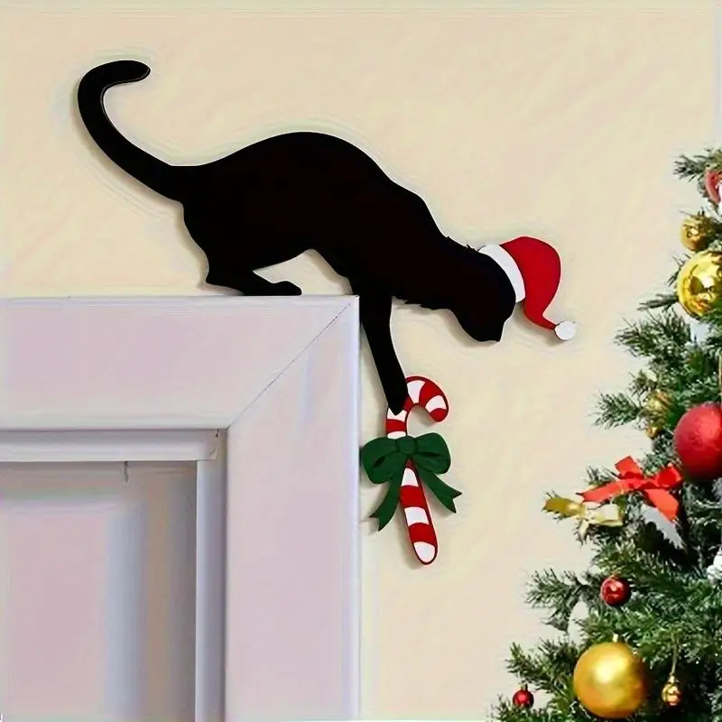 Fun Charming Cat Shaped Christmas Door Corner Sign Rustic Imitation Wood Door Ornaments Door Frame Decoration For Holiday