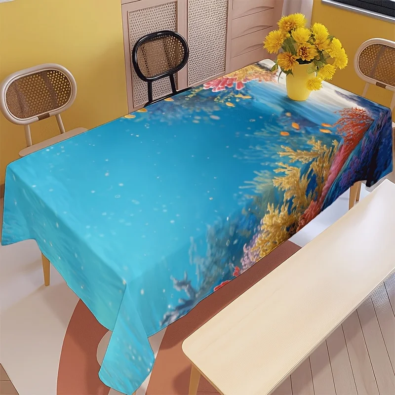 Ocean Coral Tablecloth, Blue Background With Underwater Marine Pattern, Waterproof Table Cover for Daily Meals & Home Party Use