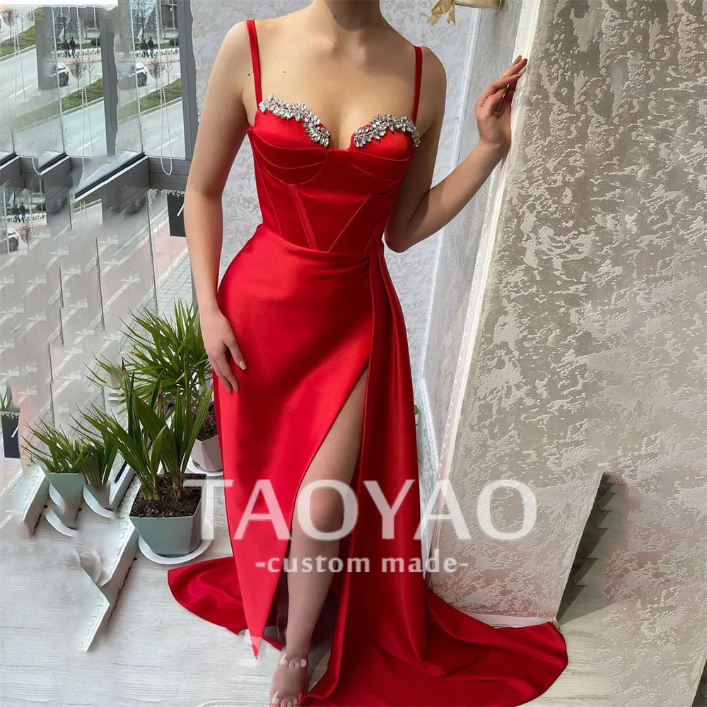 New Sheath Evening Dresses Spaghetti Straps Beaded Sleek Satin Slit Wedding Dress Party Dresses Prom Dress Vestidos De Fiesta