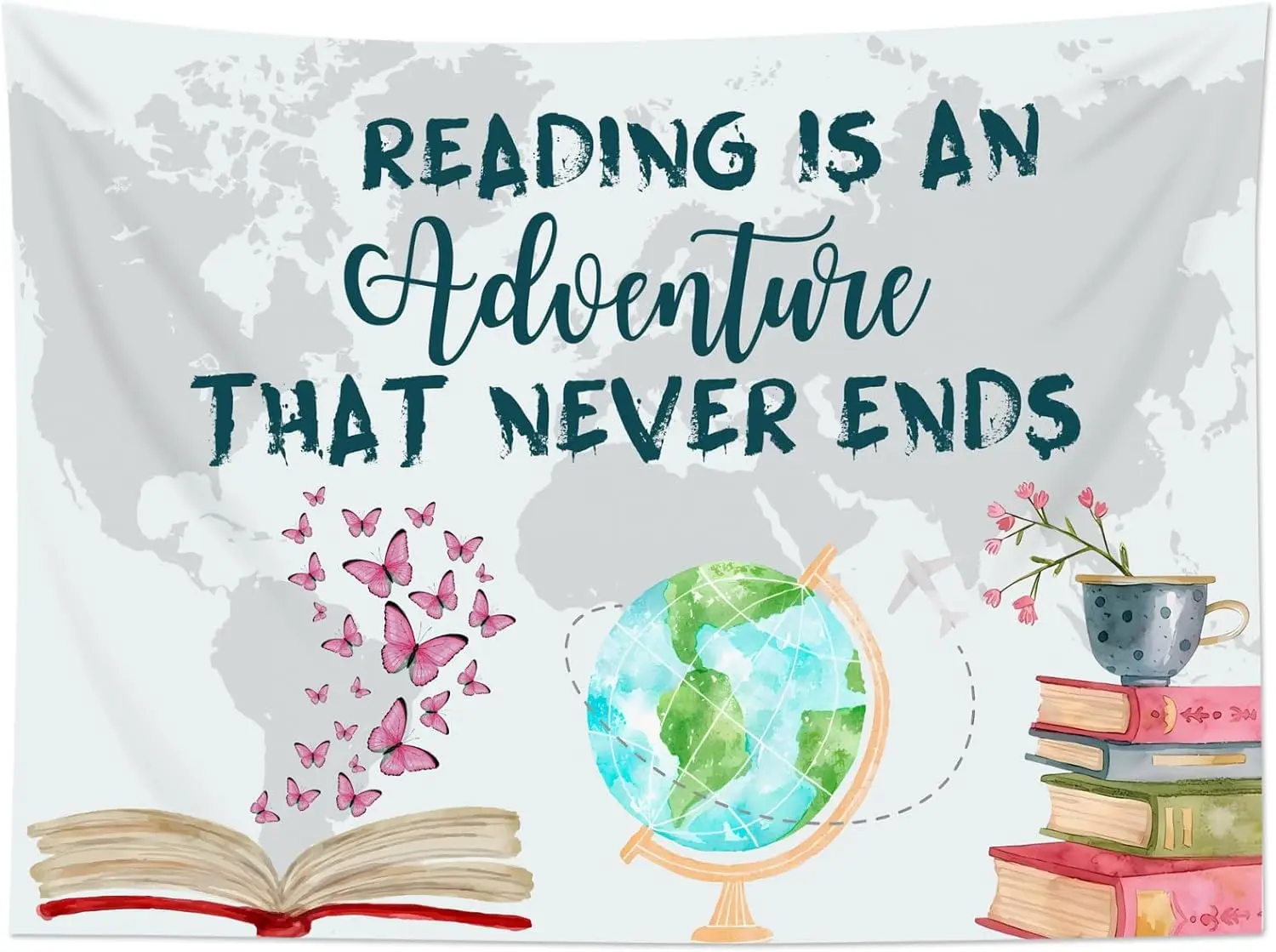 نسيج قراءة الفصل الدراسي على شكل فراشة وردية وخريطة العالم مع اقتباسات ملهمة، نسيج لغرفة النوم الجمالية
