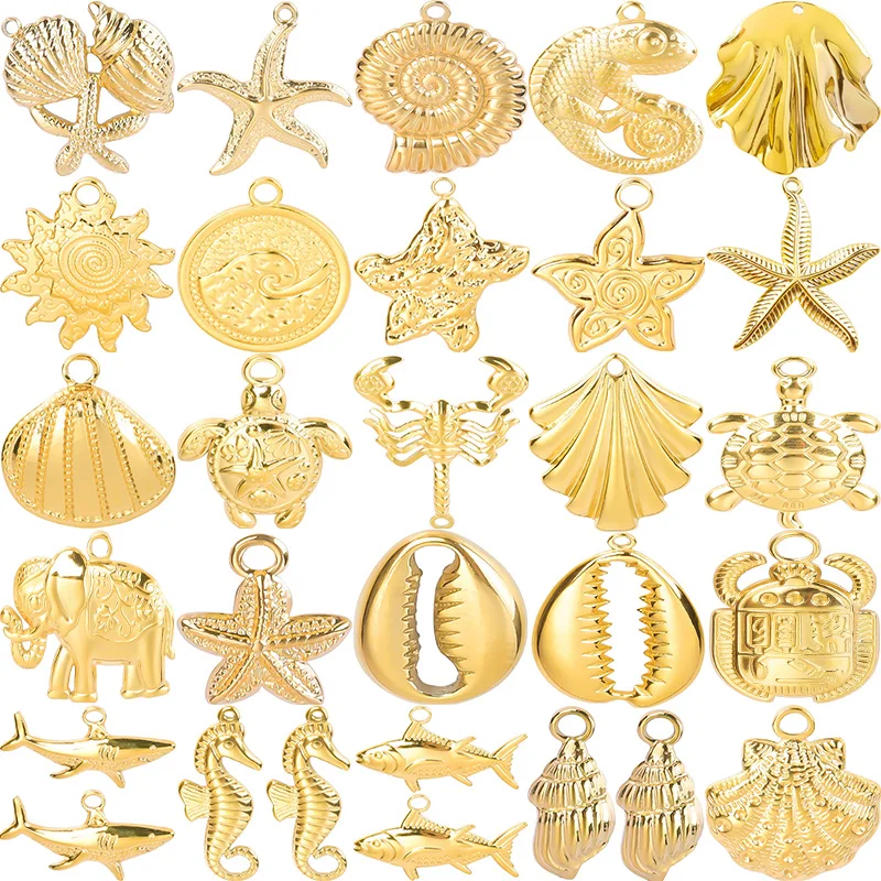 6Pcs/Lot Stainless Steel Summer Marine Life Starfish Conch Shell Charms Mix Styles Sea Animal Turtle Shark Fish Pendant Making