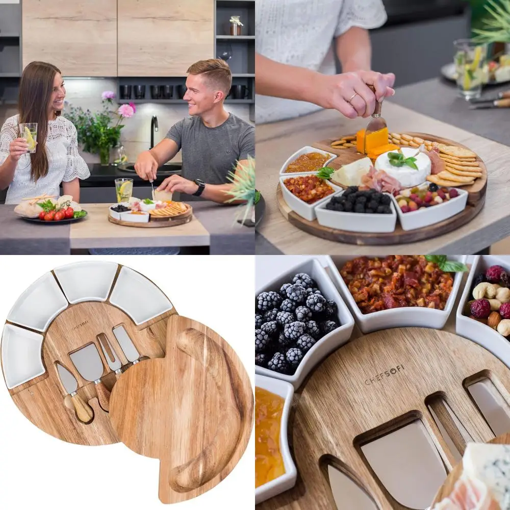 

Набор досок для сыра из дерева акации с 4 ножами и мисками — 13 запатентованных сервировочных блюд в США для развлечений