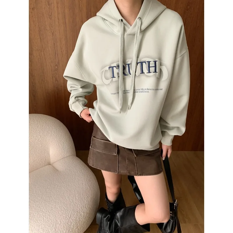 Loose Fashion Letter Embroidery Smudge Hoodies Sweater Autumn Joker Pink Gray Long Sleeve Korean Women's Clothing