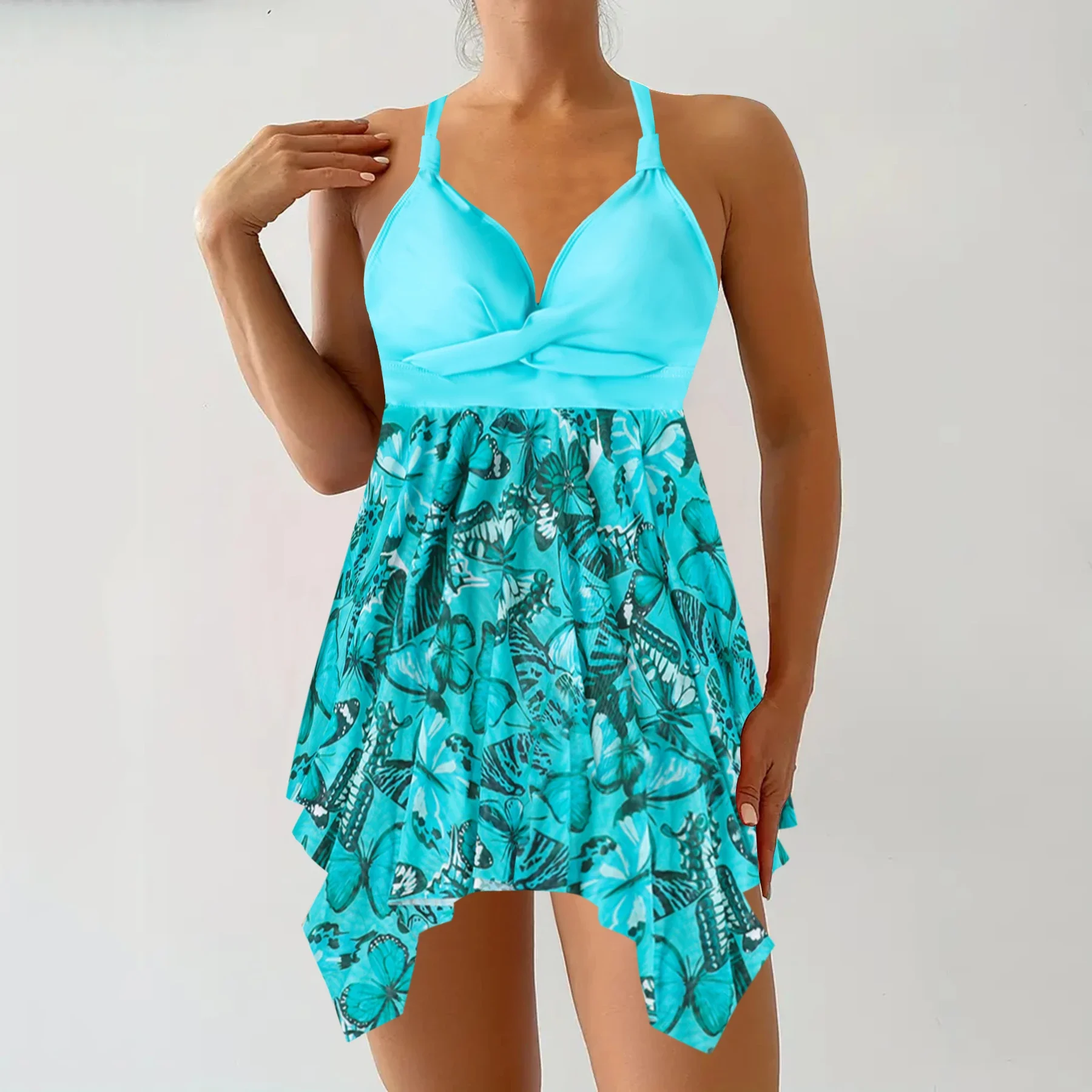 Bloemenprint patchwork zwarte 2-delige set tankini, ronde hals hoge taille rekbare badpakken, dames zomer bikini strandkleding