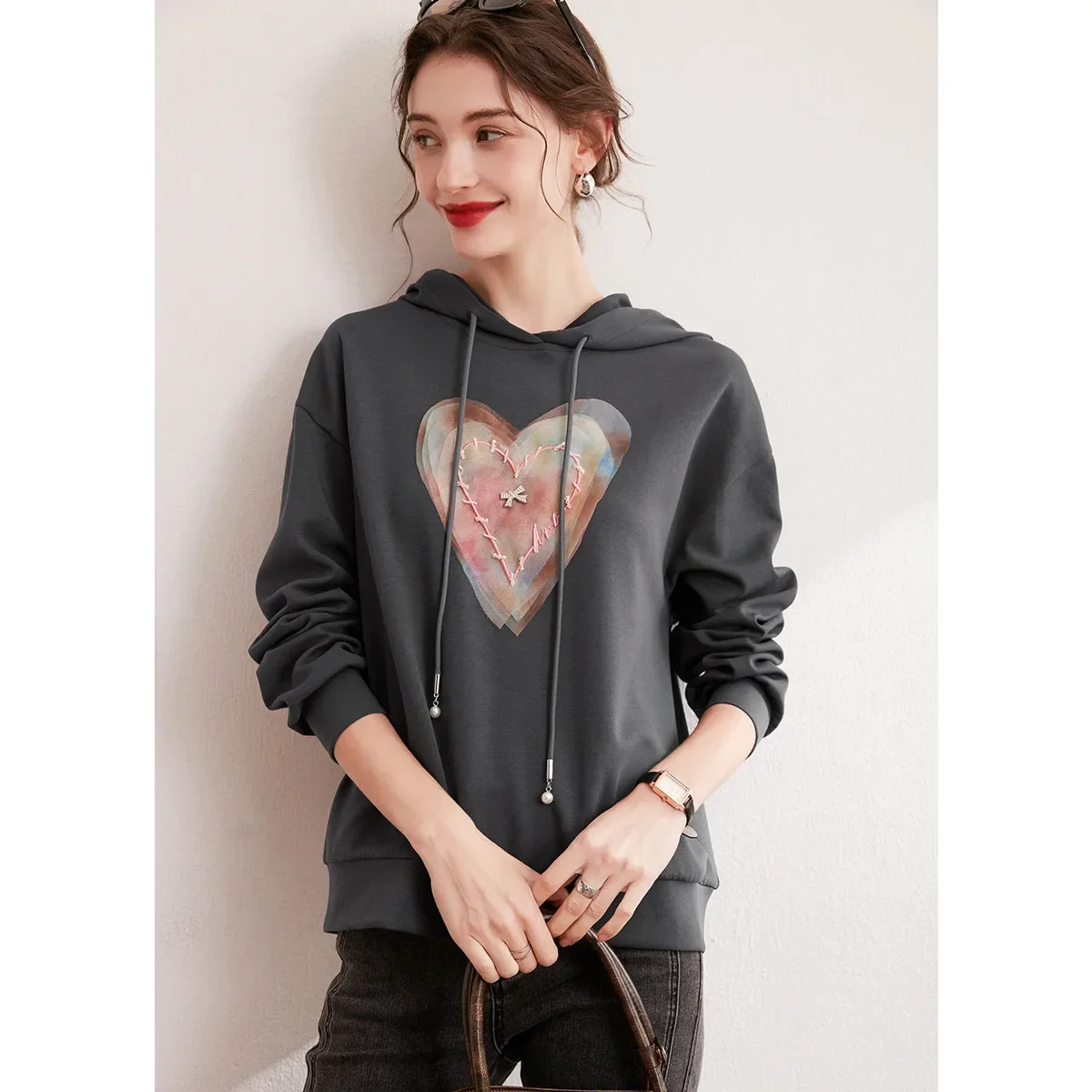 LOUIS YAO 2025 Autumn Hoodie with Color Contrasting Patchwork Casual Falling Shoulder Sleeves Loose Women's Hoodie