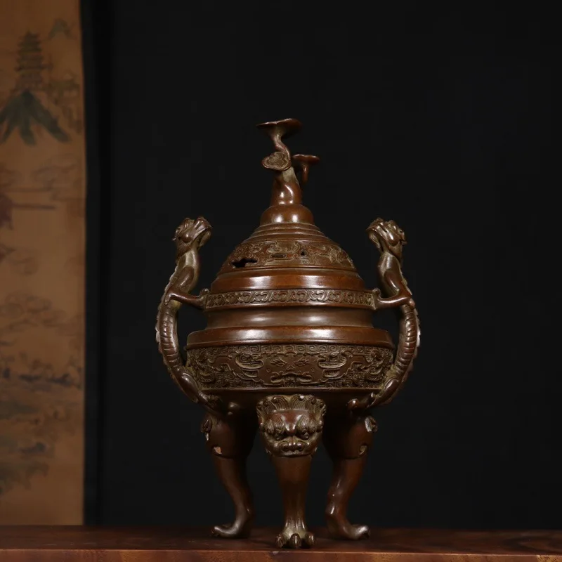 Pure copper incense burner, Suzhou craftsmanship, pure copper dragon-shaped handle, Ganoderma knob, three-legged incense burner,