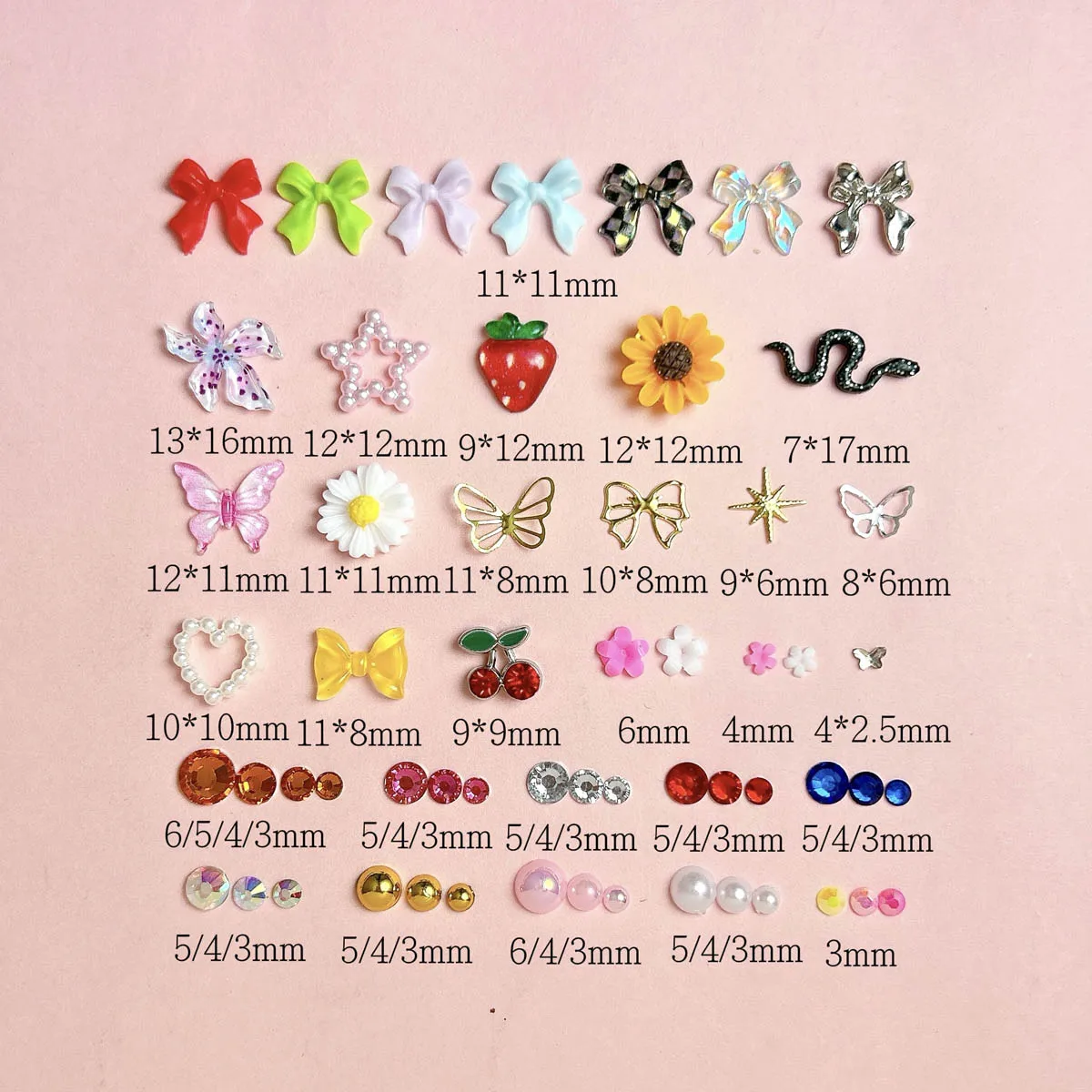 1Box Multiple Style Resin Bows Flowers Fruit Nail Charms 3D Shiny Alloy Butterfly Cherry Chain Mixed Nail Art Accessories DIY