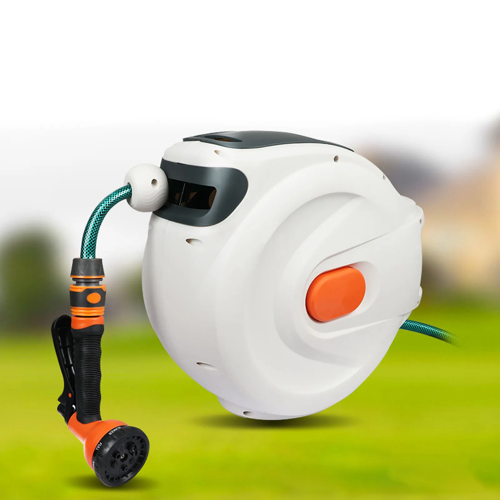 Retractable Garden Hose Reel Slow Return Auto Rewind Retractable Garden Hose Reel Wall Mount with Sprayer Nozzle for Car Wash