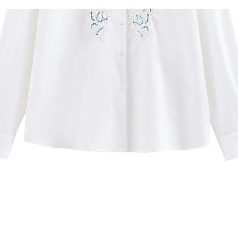 Spring Autumn Women\'s Turn-down Collar Solid Butterfly Sequined Embroidered Button Cardigan Long Sleeve Chiffon Shirt Coats Tops