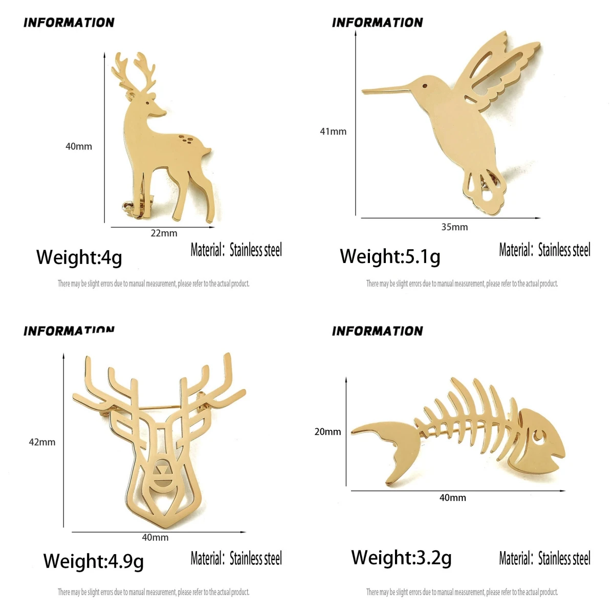 Silver Animal Brooch Set for Men Women, Stainless Steel Deer Hummingbird Fish Skeleton Lapel Pin Jewelry Gift