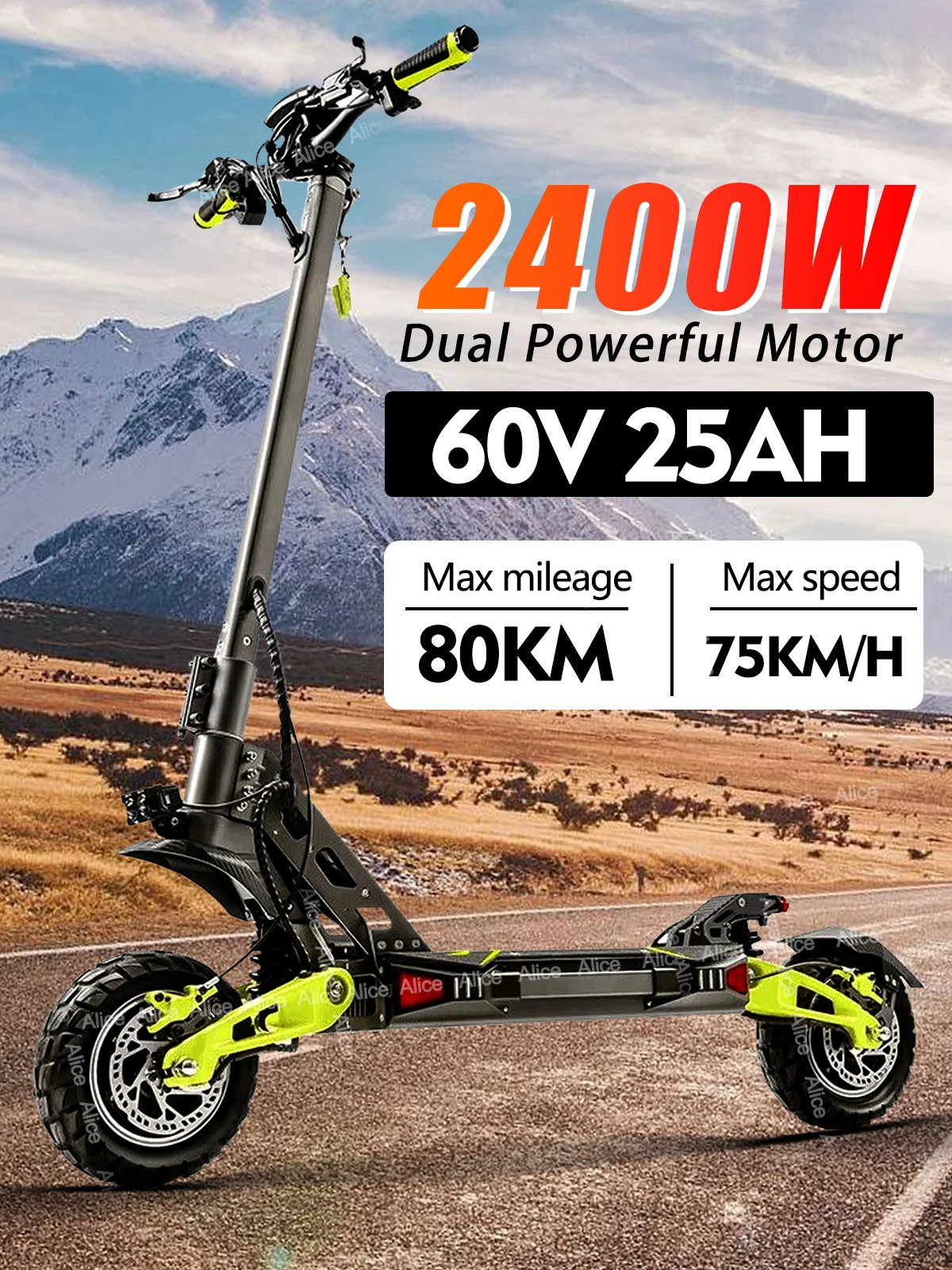 EU 2024 10 Inch Electric Scooter Fastest 75Km/H Max Range 80KM Adult Electric Scooter E Scooters 2400W 60V 25AHHydraulic Brakes