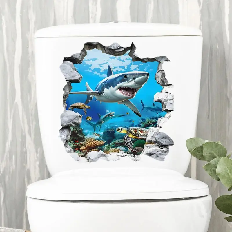 New Breaking The Wall Shark Toilet Sticker Bathroom Beach Floor Decal Waterproof Anti Slip Removable Seashore Bathtub Decor