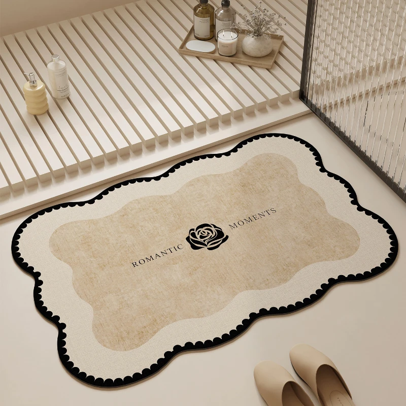 VIKAMA Cloud‑Shaped Bath Mat Retro Black Rose Letter Print Beige Marble Texture Non‑Slip Absorbent Rug for Bathroom Shower Decor