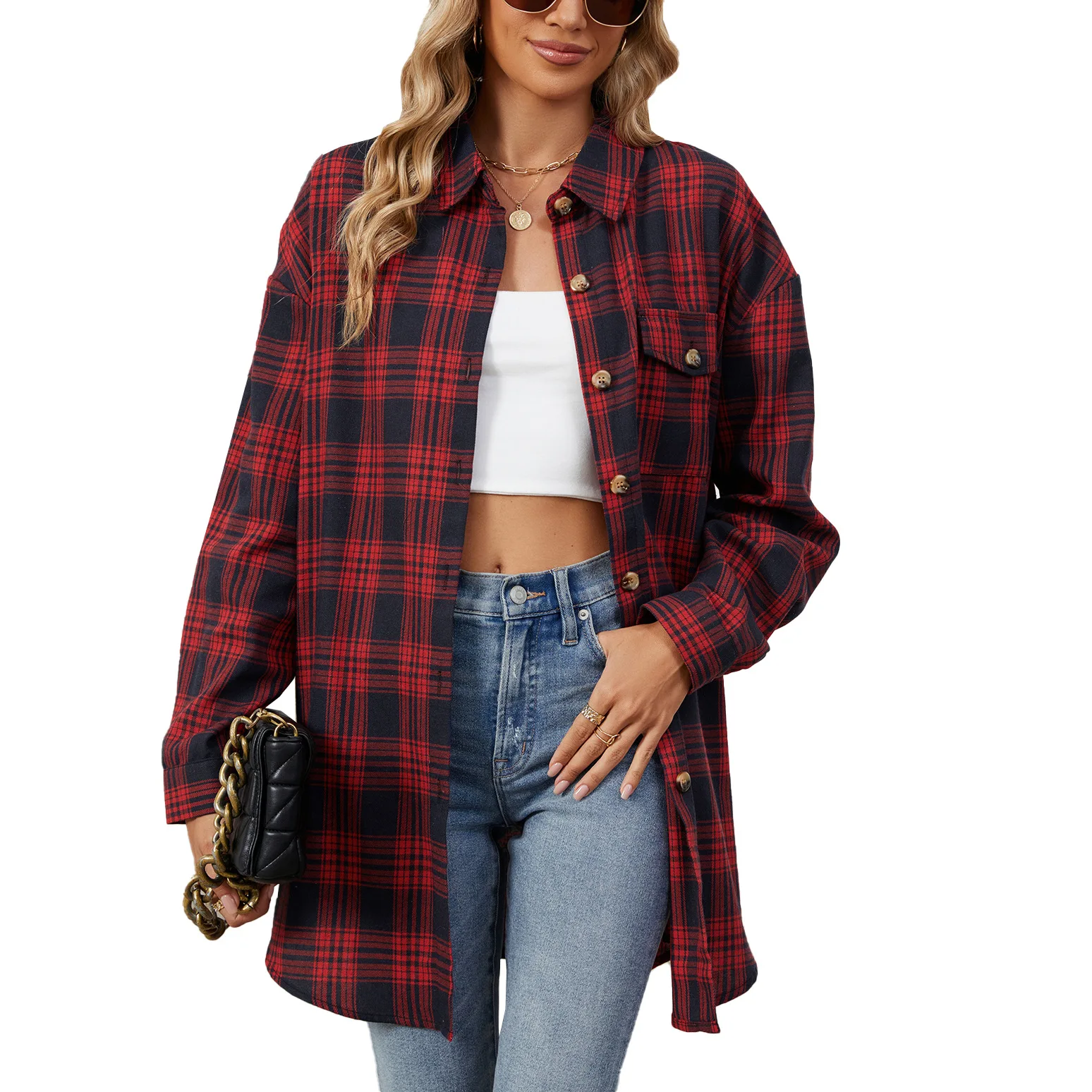 2024 Autumn Winter Women Blouse Casual Plaid Print Button Up Long Sleeve Turn Down Collar Shacket Plus Size Loose Streetwear