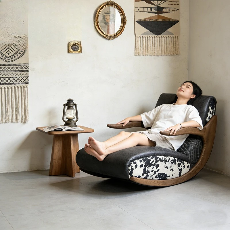 Medieval ash wood solid wood frame, casual rocking chair, home living room lazy sofa