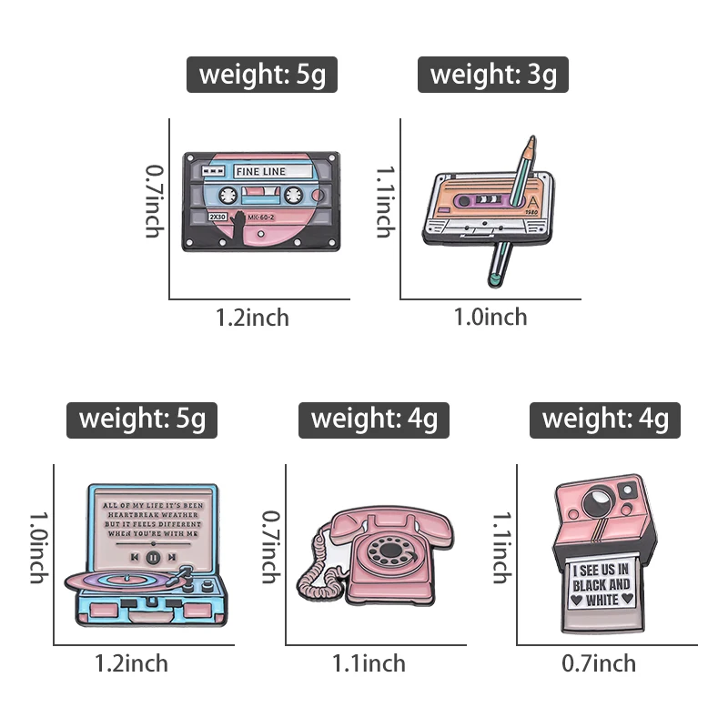 Pink Telephone Enamel Pins Retro Cartoon Music Tape Player Camera Brooch Trendy Classic Cute Lapel Jewelry Gift For Kids Friends