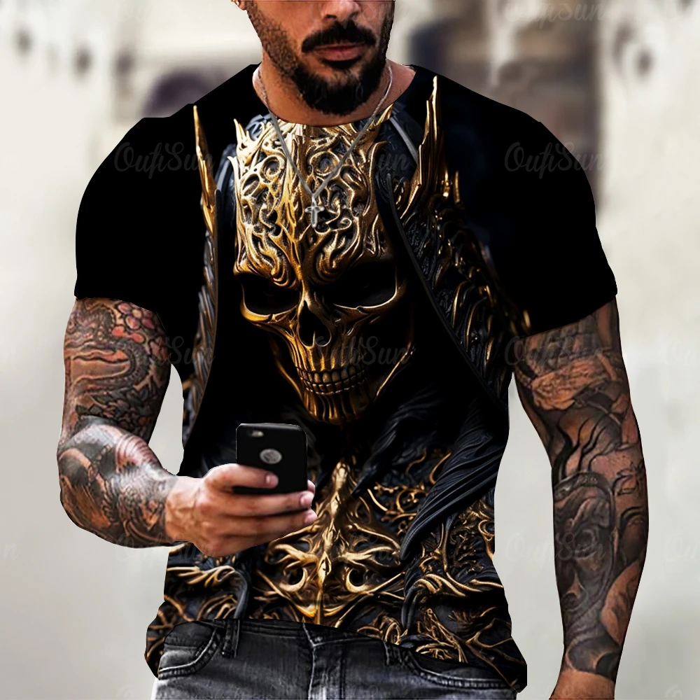 Summer Men\'s T-shirt Vintage Horror 3D Skull Print Classic Casual O Neck Short Sleeve Fashion Loose Oversized Tops Tee Shirt Men