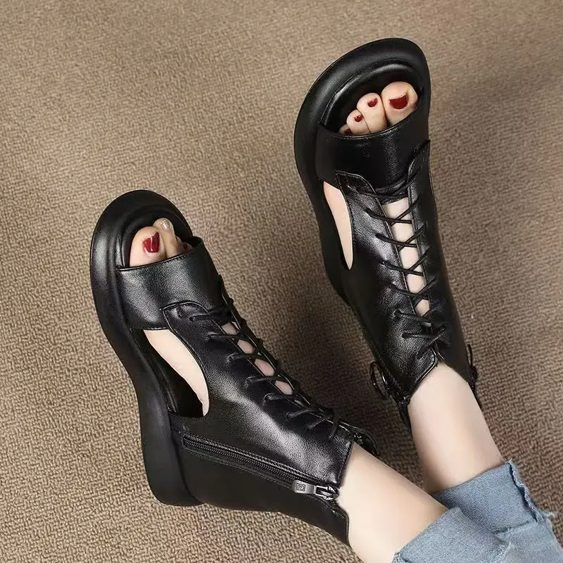 Women's Genuine Leather Big Size Peep Toe Ankle Boots Summer New Soft sole Non Slip Hollow Out Flat Sole High Top Cool Boots