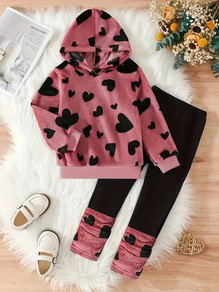 Girl's Heart Allover Print Outfit 2pcs, Fleece Hoodie & Leggings Set, Kid's Clothes For Spring Fall