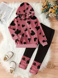 Completo da 2 pezzi con stampa Allover a cuore da ragazza, Set di felpe con cappuccio e Leggings in pile, vestiti per bambini per l'autunno primaverile