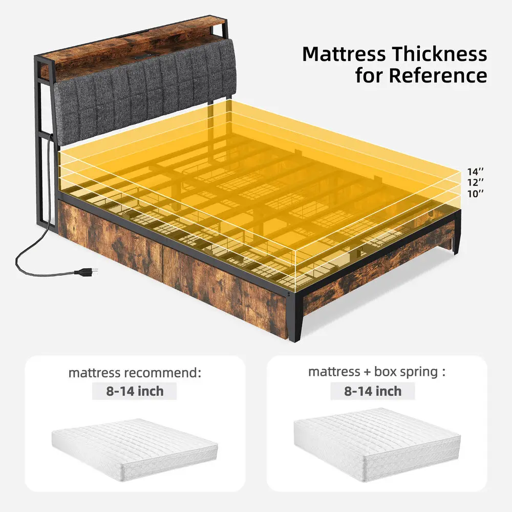 Bed Frame Metal Platform Bed with Storage Drawers Headboard USB Ports