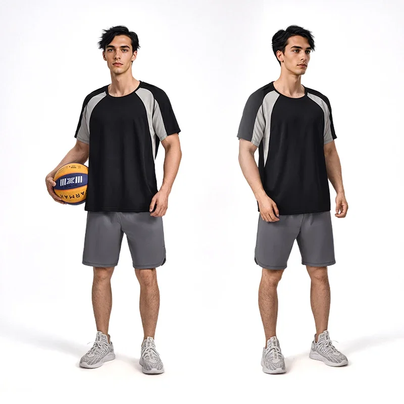 

Solid-color quick-drying off-the-shoulder color-blocking basketball shooting suit short-sleeved T-shirt, sporty and breathable