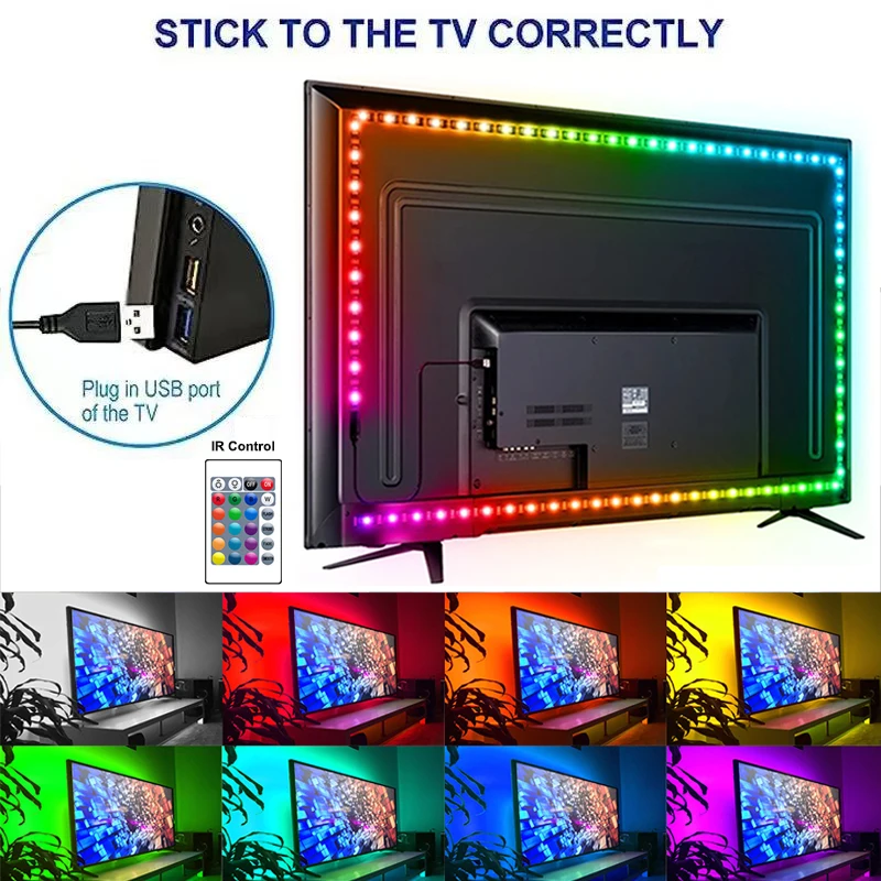 Tira de luces LED RGB de 24 teclas con USB y Bluetooth para retroiluminación de TV, cinta LED RGB regulable, Control inteligente por Bluetooth, tira