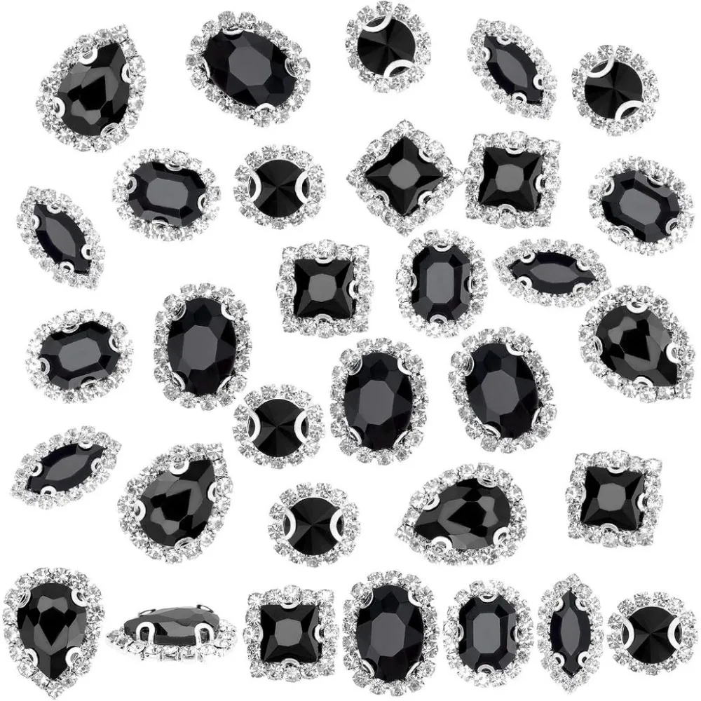 24pcs Sew On Rhinestone Buttons 6 Styles Rhinestone Buttons Embellishments Black Faceted Rhinestones for Wedding Bridal Boutique