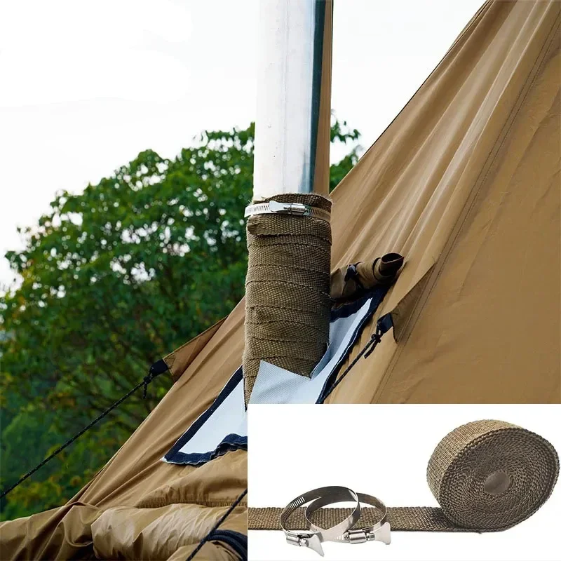 

5m*5cm DIY Tent Stove Fireproof Ribbon Adjustable Insulation with 2 Clamps Fireproof Pipe Glassfiber Cloth Accessories