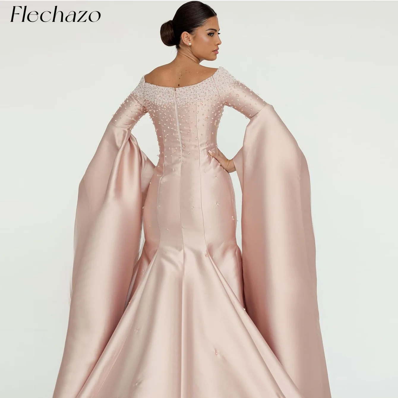 Flechazo-rosa cetim vestido de baile para mulheres, pescoço barco, beading, manga completa, vestido sereia para ocasiões formais, vestido abaya,