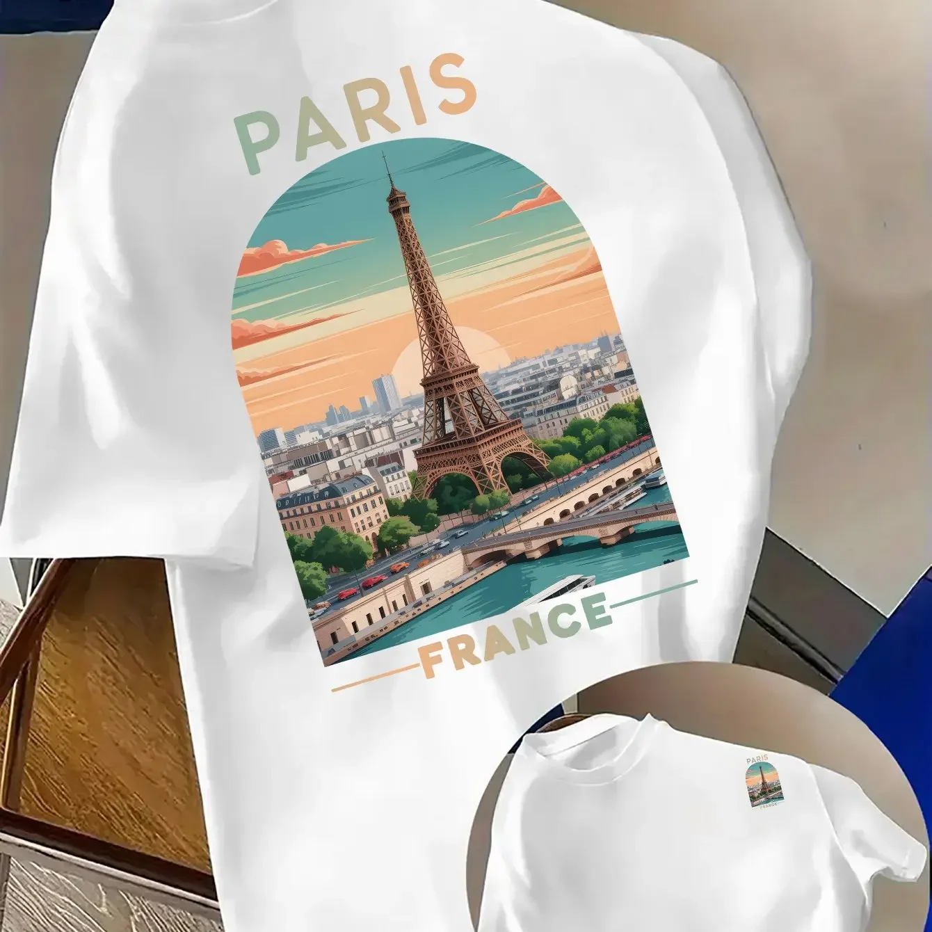 Retro Paris France Eiffel Tower Sunset Double Sided Printed T-shirt Travel Enthusiast Casual Top