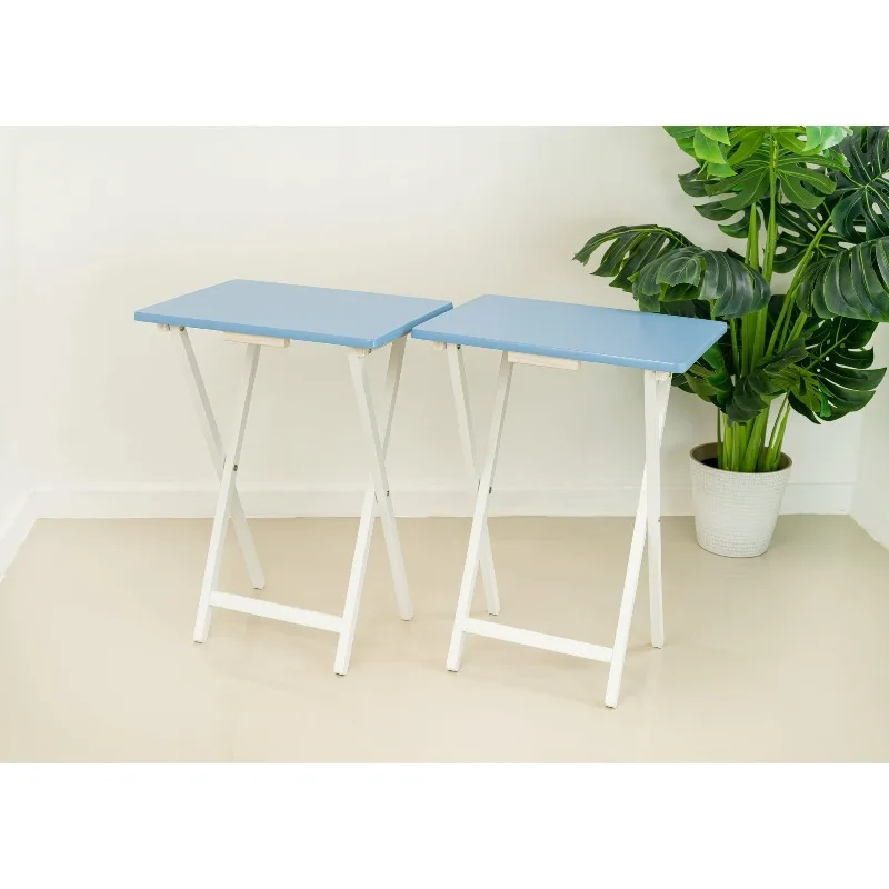 

Lightweight and portable folding edge table with blue tabletop and white metal frame saving space for home and office use