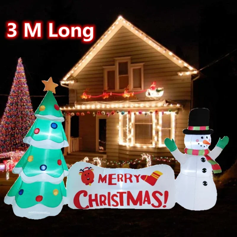 3M/10FT Long Inflatable Christmas Tree And Snowman Built-in LED Lights Christmas Outdoor Decoration Inflatable Home Garden Decor