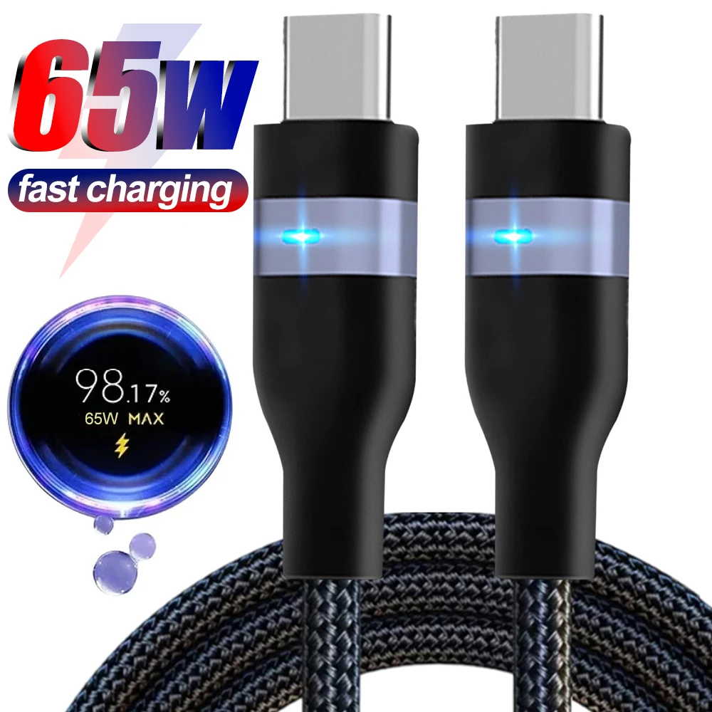 65W Quick Charging Cables Nylon Braided Dual Type C High-speed Data Line Suitable for IPhone 16 15 Samsung Laptop Tablet