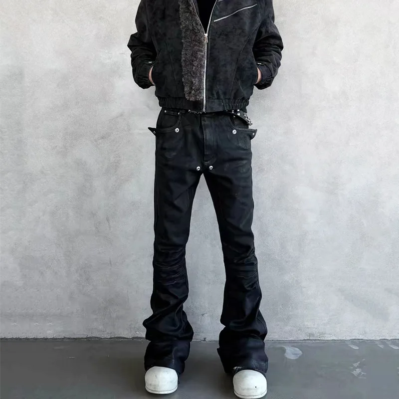 MWJLPWQ RO Dark-Style Denim Pants Men's Elastic Pleats Rivet Detailing Jeans Spring Autumn Flared Leg Trousers Fashion 21181