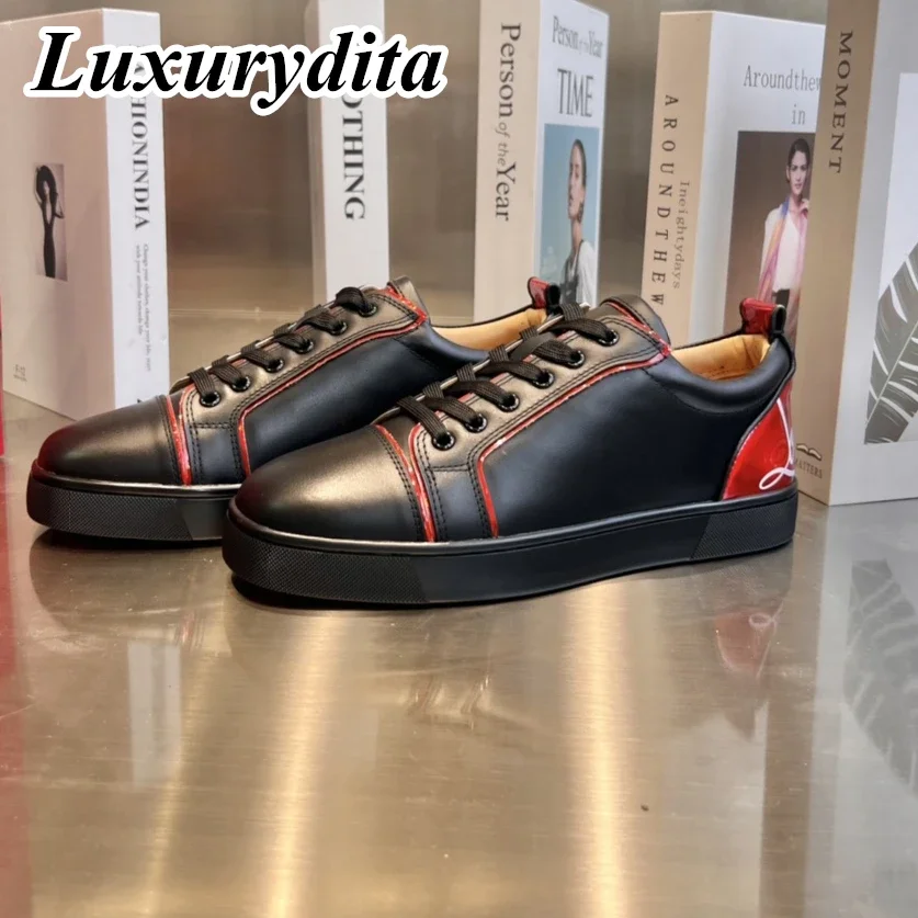 

Top Quality Womens Trendy Casual Sneakers Luxury Mens Real Leather Tennis Shoes Designr Red Soled Tide Lovers Rivet Shoes HJ0674