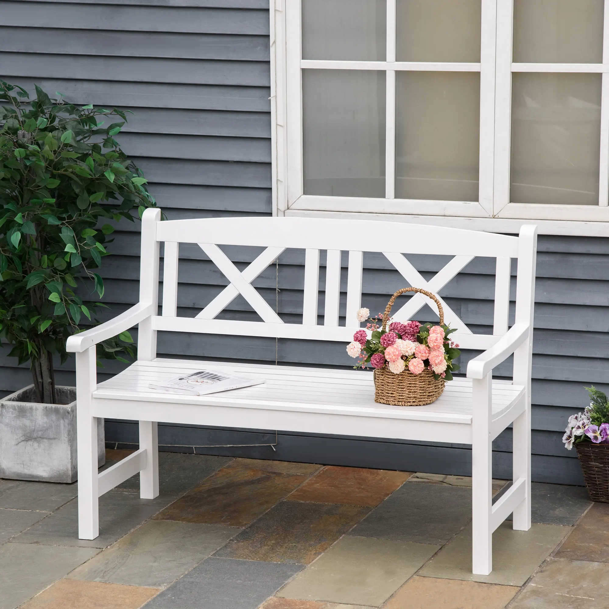 Banc d'extérieur rétro en bois, 2 places, blanc, jardin, terrasse, pelouse, 4'