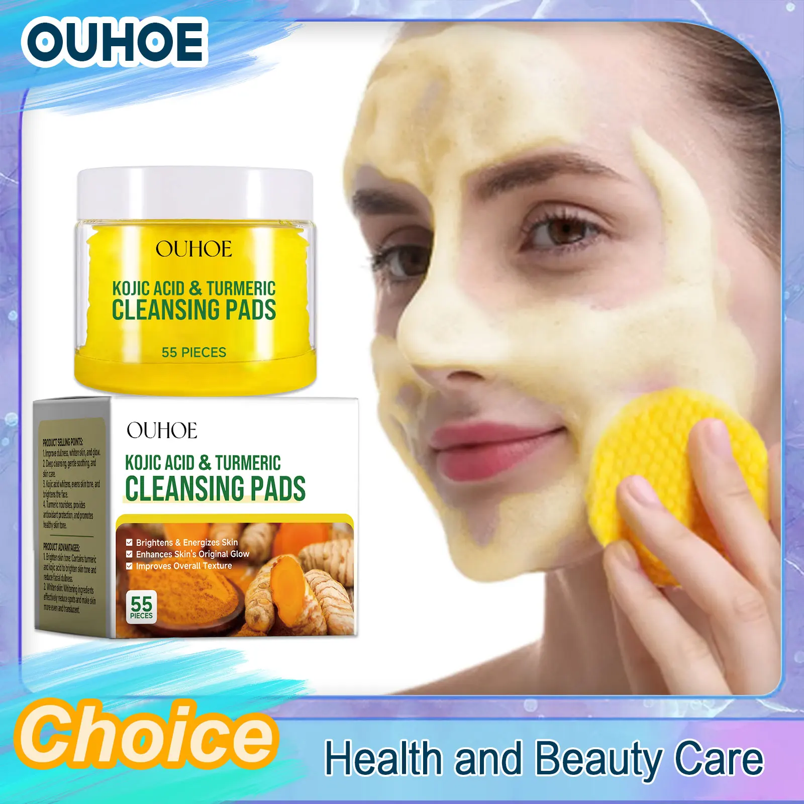 

Turmeric Kojic Acid Facial Exfoliating Cleansing Pads Clogged Pores Oil Remover Glow Brighten Daily Lemon Facial Cotton Sponges