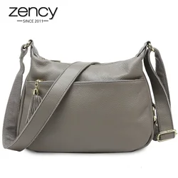 Zency 100% Genuine Leather Fashion Women Shoulder Bag With Tassel High Quality Hobos Elegant Lady Crossbody Bags Black Grey