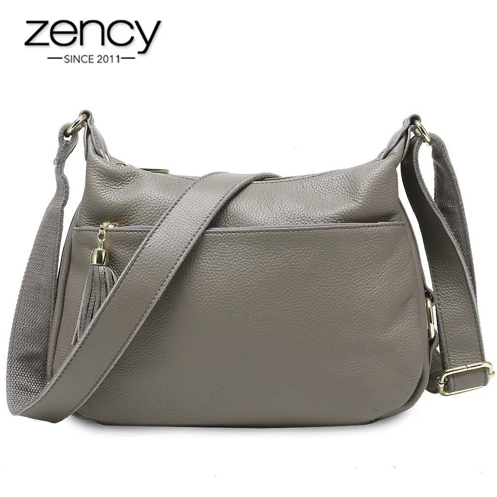 Zency 100% Skórzana Torba Damska na Ramię z Frędzlami, Wysokiej Jakości Torebki Hobo, Eleganckie Damskie Torby Crossbody, Czarna Szara