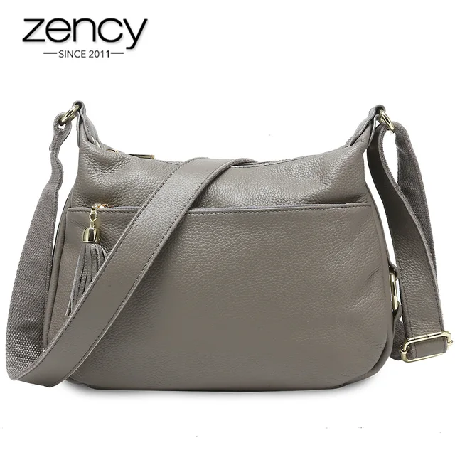 Zency 100% Skórzana Torba Damska na Ramię z Frędzlami, Wysokiej Jakości Torebki Hobo, Eleganckie Damskie Torby Crossbody, Czarna Szara